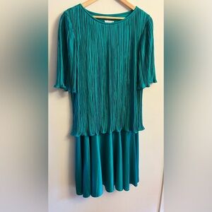 Vintage Satin Micro Pleat Midi Dress Wedding Guest 80s Jewel Tone Teal